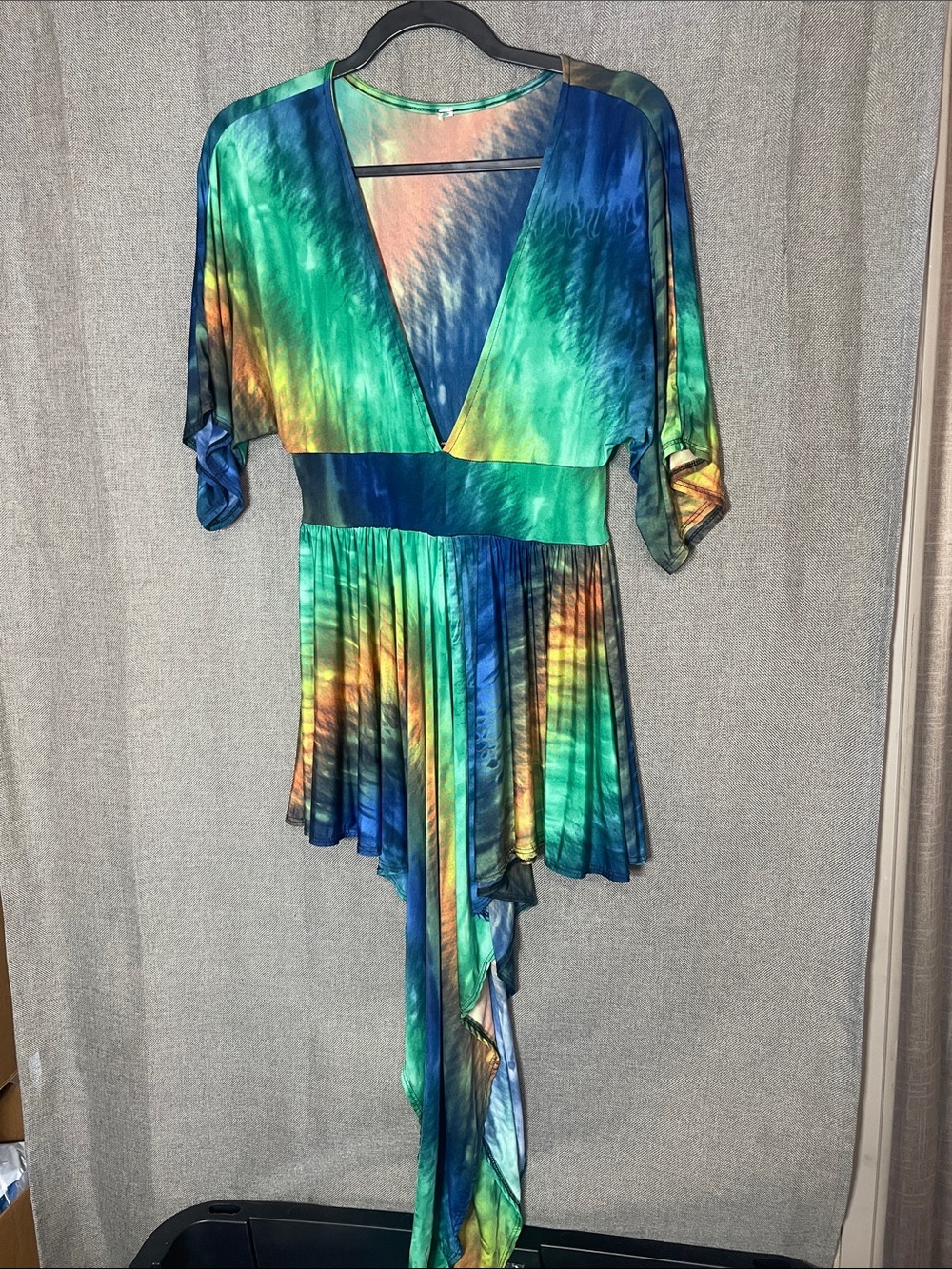 VTG Style Y2K Tie Dye Asymmetric Hem Tunic Mini Dress Green Blue M